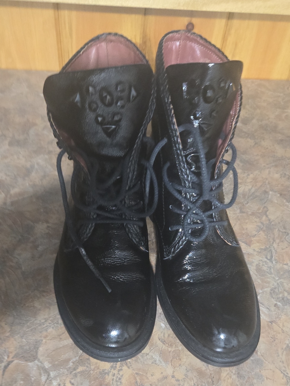 Women's Black Lace-Up Patent Leather Ankle Boots